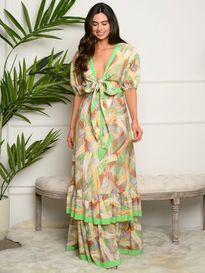 WOMEN'S SHORT SLEEVE V-NECK MULTI PRINT MAXI DRESS