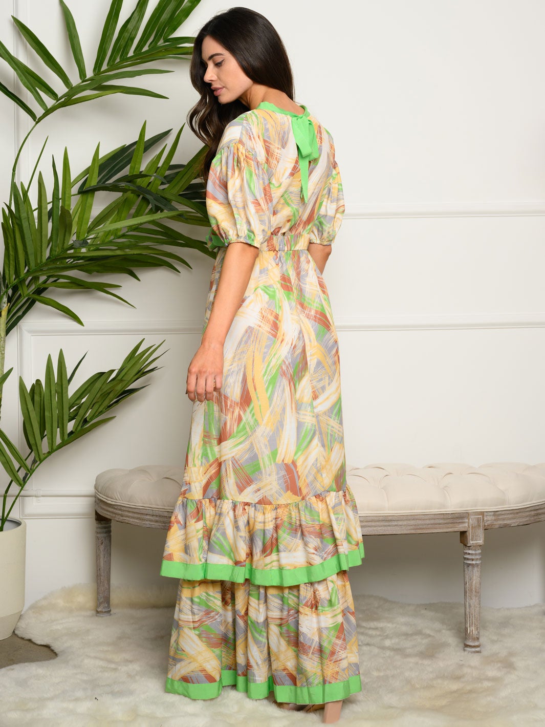 WOMEN'S SHORT SLEEVE V-NECK MULTI PRINT MAXI DRESS