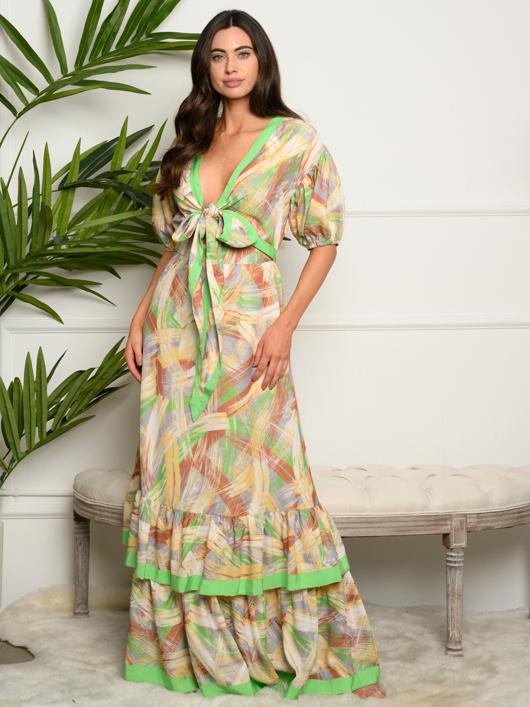 WOMEN'S SHORT SLEEVE V-NECK MULTI PRINT MAXI DRESS