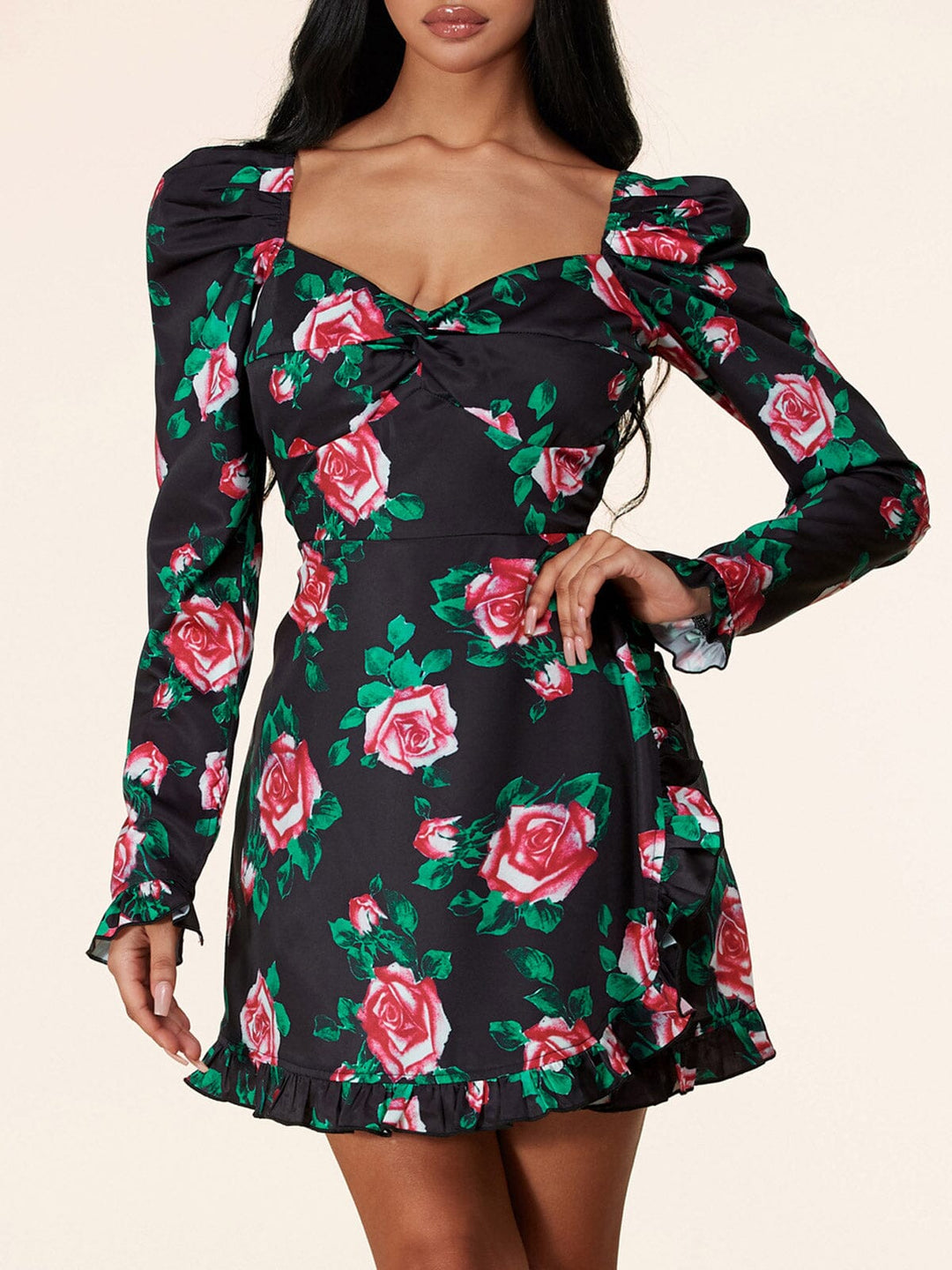 WOMEN'S LONG SLEEVE OPEN BACK FLORAL MINI DRESS