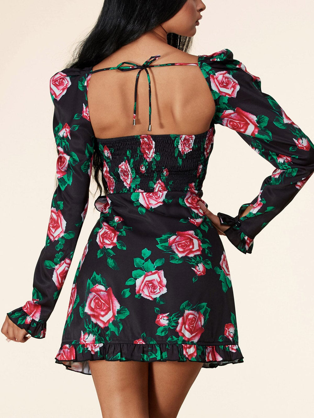 WOMEN'S LONG SLEEVE OPEN BACK FLORAL MINI DRESS