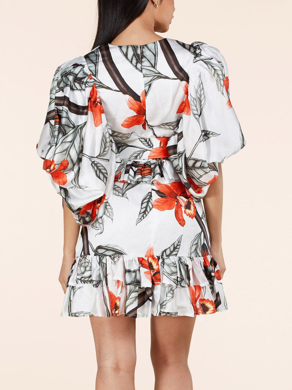 WOMEN'S 3/4 PUFF SLEEVE V-NECK BELTED FLORAL MINI DRESS