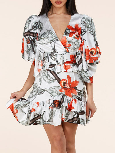 WOMEN'S 3/4 PUFF SLEEVE V-NECK BELTED FLORAL MINI DRESS