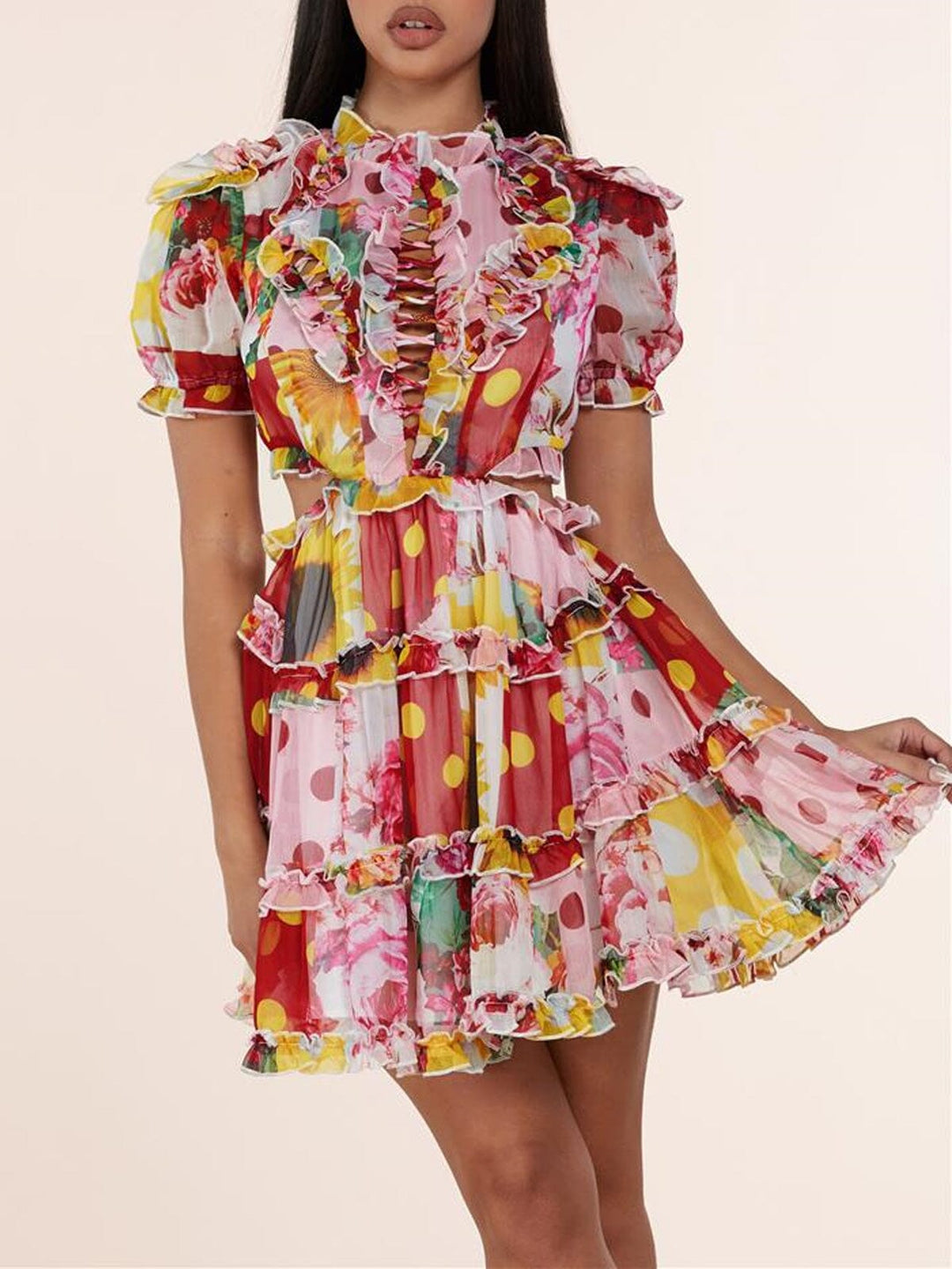 WOMEN'S SHORT SLEEVE RUFFLE LACE UP MULTI PRINT MINI DRESS