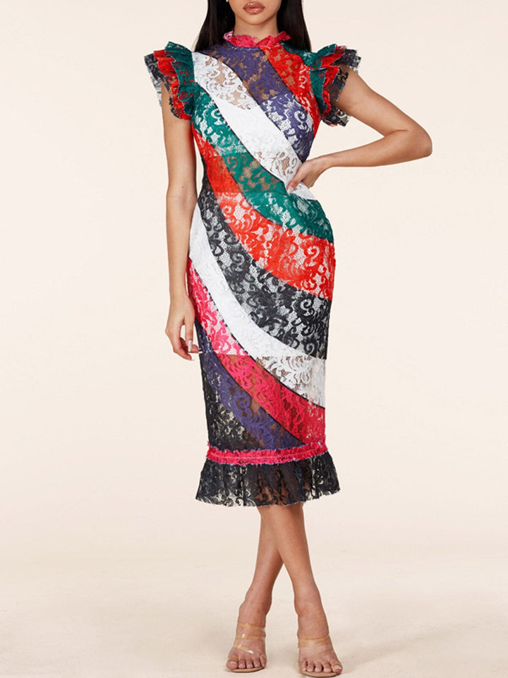 WOMEN'S SHORT RUFFLE SLEEVE LACE MULTI COLOR MIDI DRESS