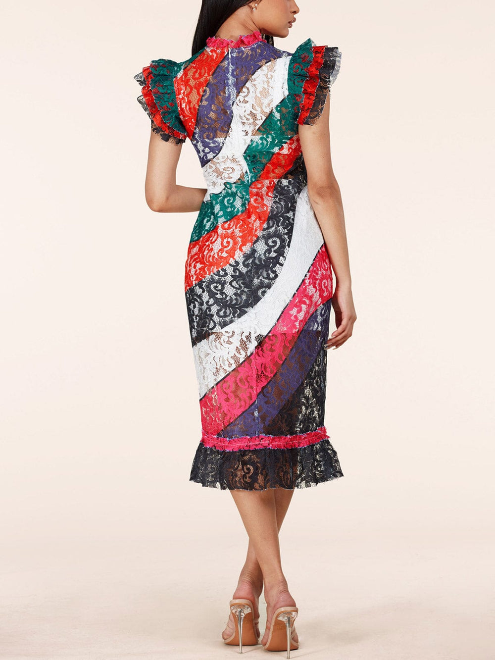 WOMEN'S SHORT RUFFLE SLEEVE LACE MULTI COLOR MIDI DRESS