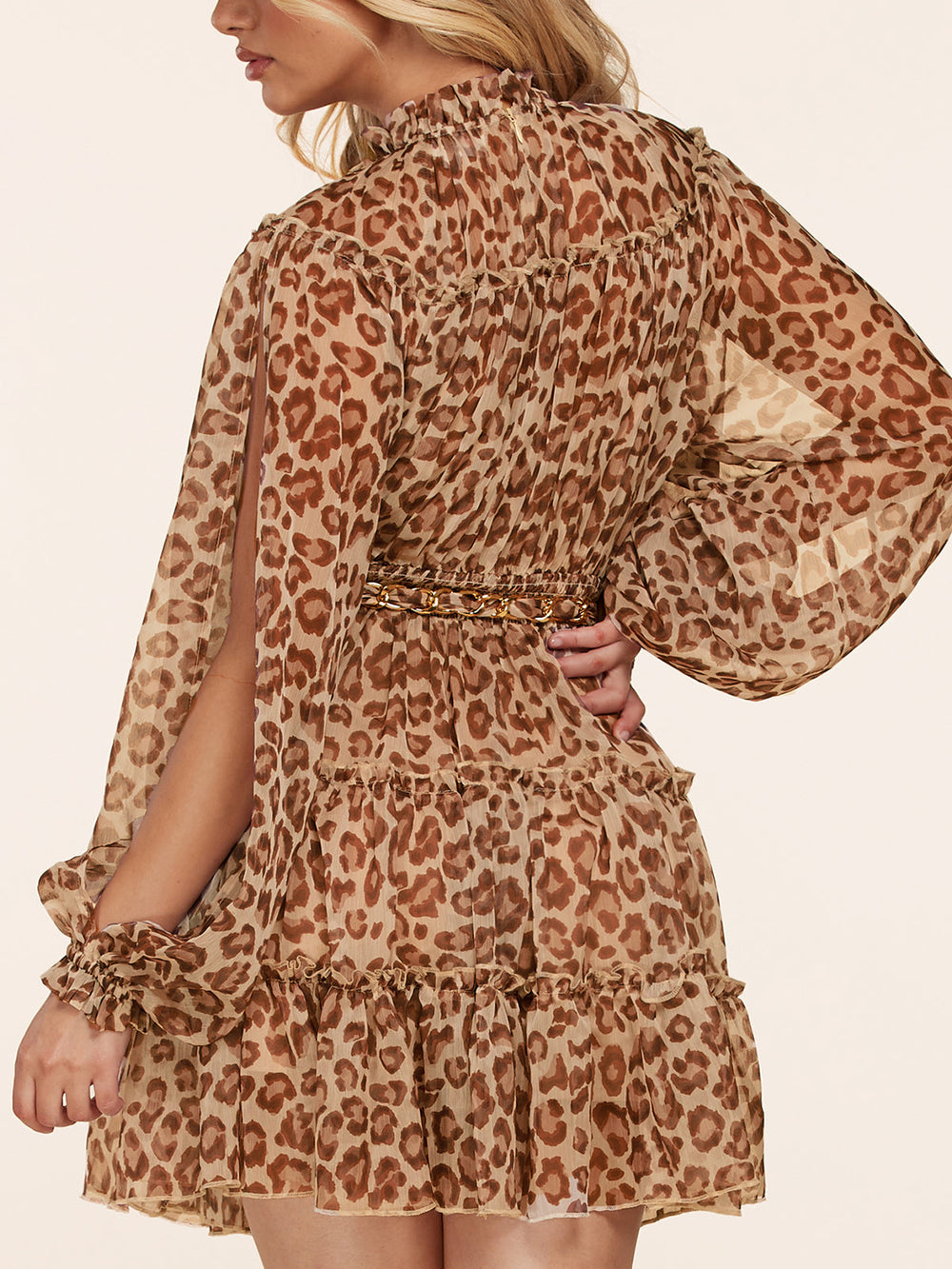 WOMEN'S LONG CUT OUT SLEEVE ANIMAL PRINT RUFFLE MINI DRESS