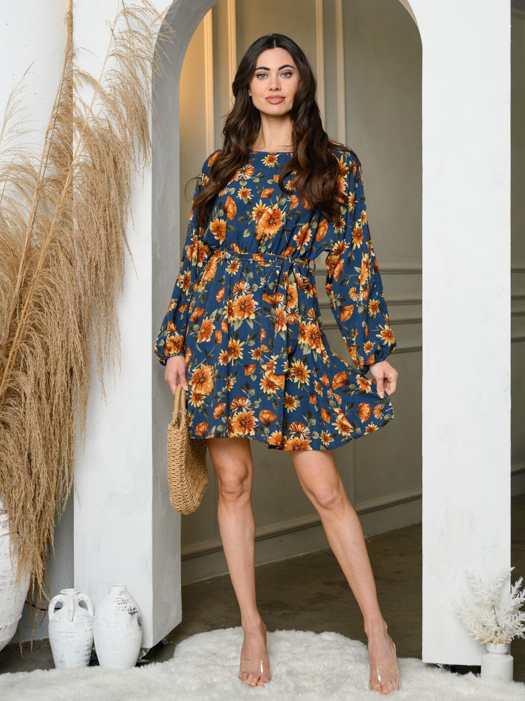 WOMEN'S LONG SLEEVE FLORAL TUNIC MINI DRESS