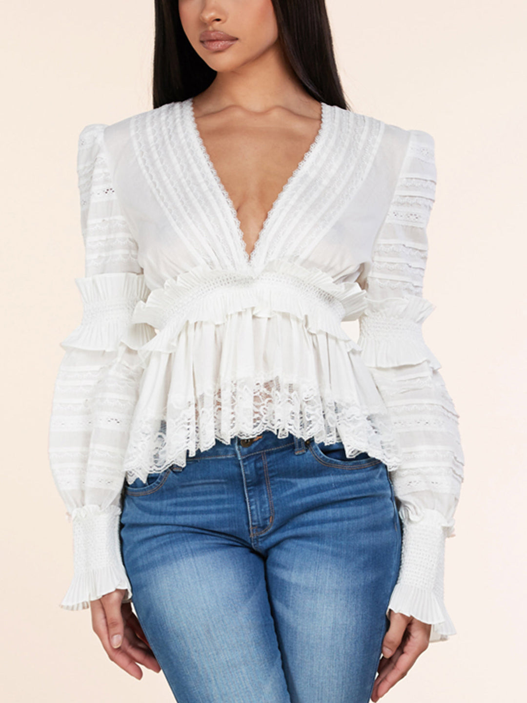 WOMEN'S LONG SLEEVE V-NECK RUFFLE SMOCK WAIST TOP
