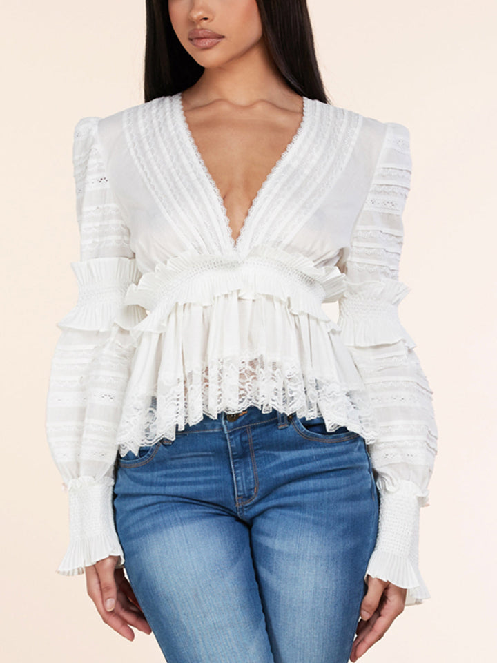 WOMEN'S LONG SLEEVE V-NECK RUFFLE SMOCK WAIST TOP