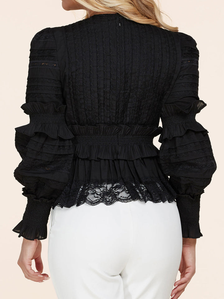 WOMEN'S LONG SLEEVE V-NECK RUFFLE SMOCK WAIST TOP