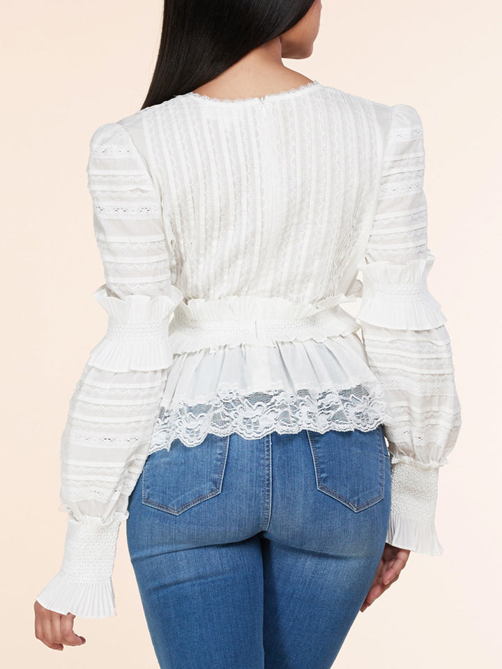WOMEN'S LONG SLEEVE V-NECK RUFFLE SMOCK WAIST TOP