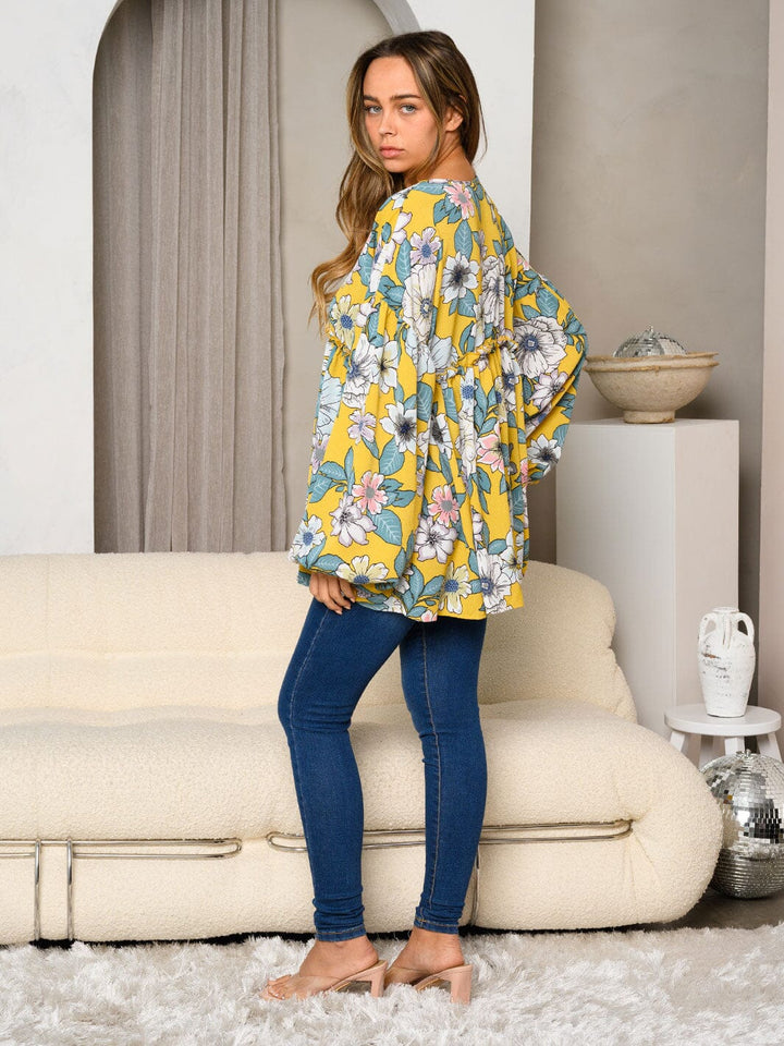 WOMEN'S LONG SLEEVE FRONT TIE FLORAL PRINT TUNIC TOP