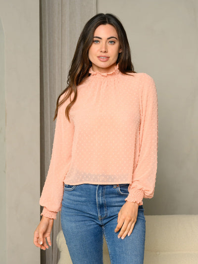 WOMEN'S LONG SLEEVE MOCK NECK SWISS DOTS TOP