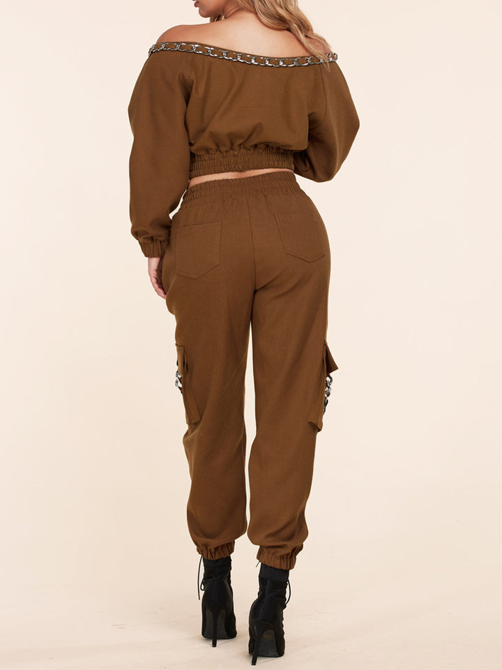 WOMEN'S LONG SLEEVE TOP & CARGO PANTS CHAIN DETAILED SET