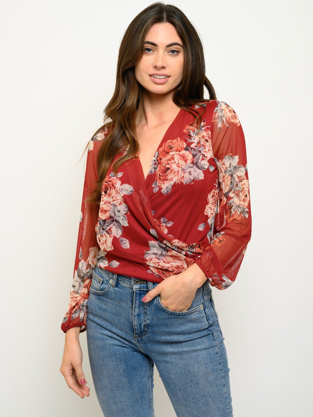 WOMEN'S LONG SLEEVE FLORAL WRAP TOP