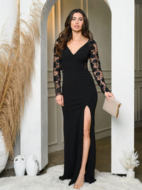 WOMEN'S LONG SLEEVE V-NECK OPEN BACK LACE MAXI DRESS