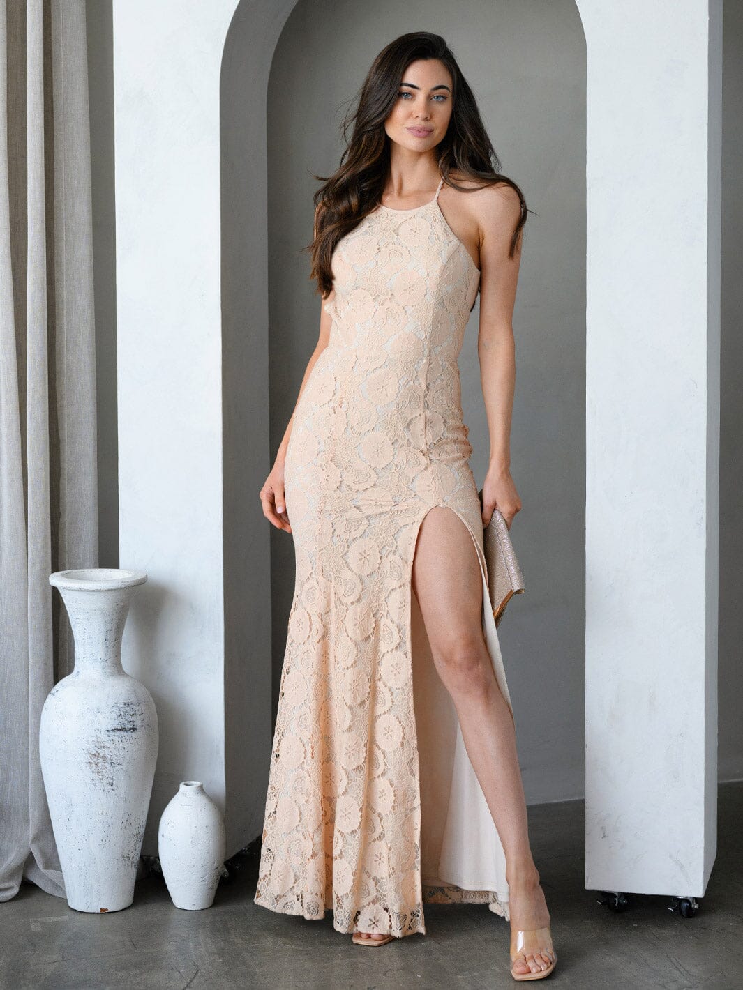 WOMEN'S SLEEVELESS HALTER NECK FRONT SLIT BODYCON MAXI DRESS