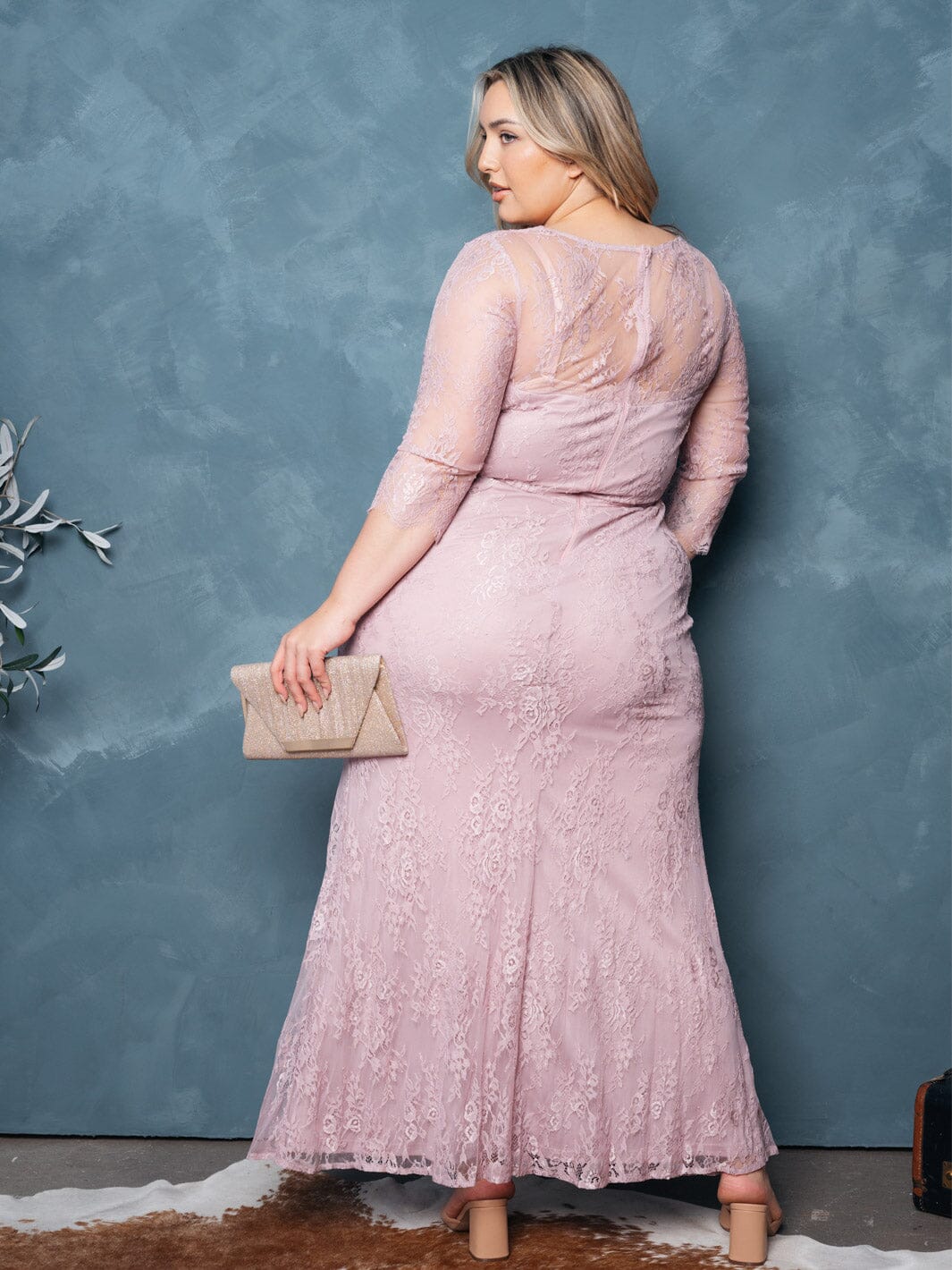 PLUS SIZE 3/4 SLEEVES V-NECK FRONT SLIT ALL OVER LACE MAXI DRESS