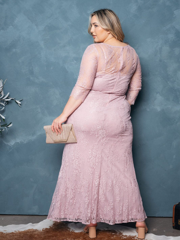PLUS SIZE 3/4 SLEEVES V-NECK FRONT SLIT ALL OVER LACE MAXI DRESS