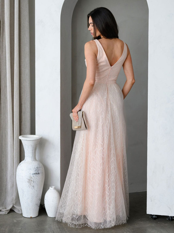 WOMEN'S SLEEVELESS V-NECK PEARL DETAILED LACE GOWN MAXI DRESS