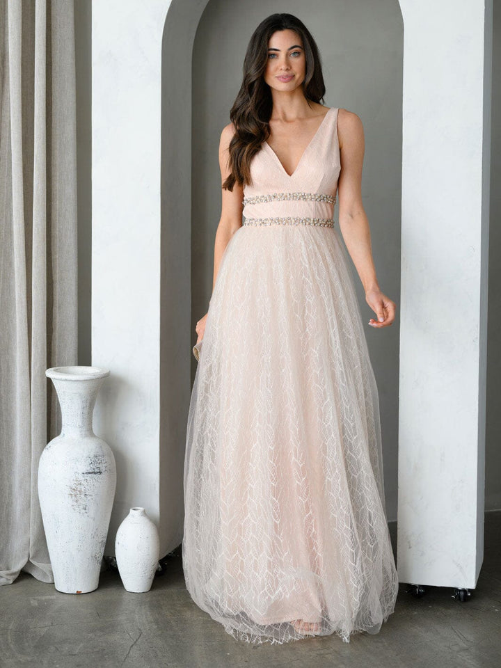 WOMEN'S SLEEVELESS V-NECK PEARL DETAILED LACE GOWN MAXI DRESS