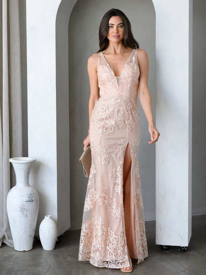 WOMEN'S SLEEVELESS V-NECK FRONT SLIT BODYCON LACE GOWN MAXI DRESS