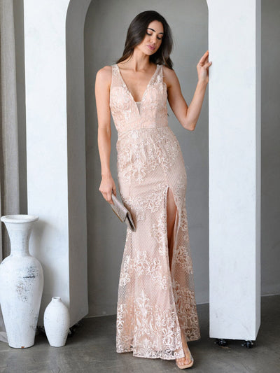 WOMEN'S SLEEVELESS V-NECK FRONT SLIT BODYCON LACE GOWN MAXI DRESS