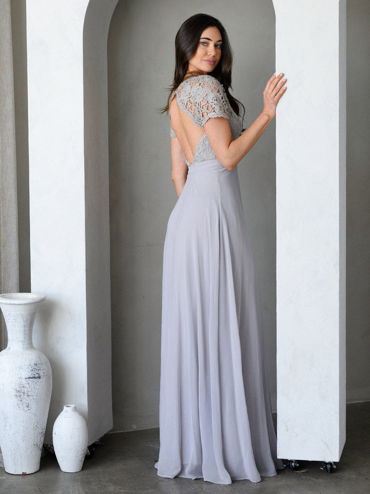WOMEN'S SHORT SLEEVE LACE DETAILED OPEN BACK GOWN MAXI DRESS
