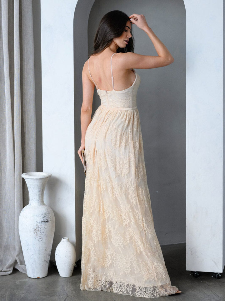 WOMEN'S SLEEVELESS V-NECK LACE GOWN MAXI DRESS