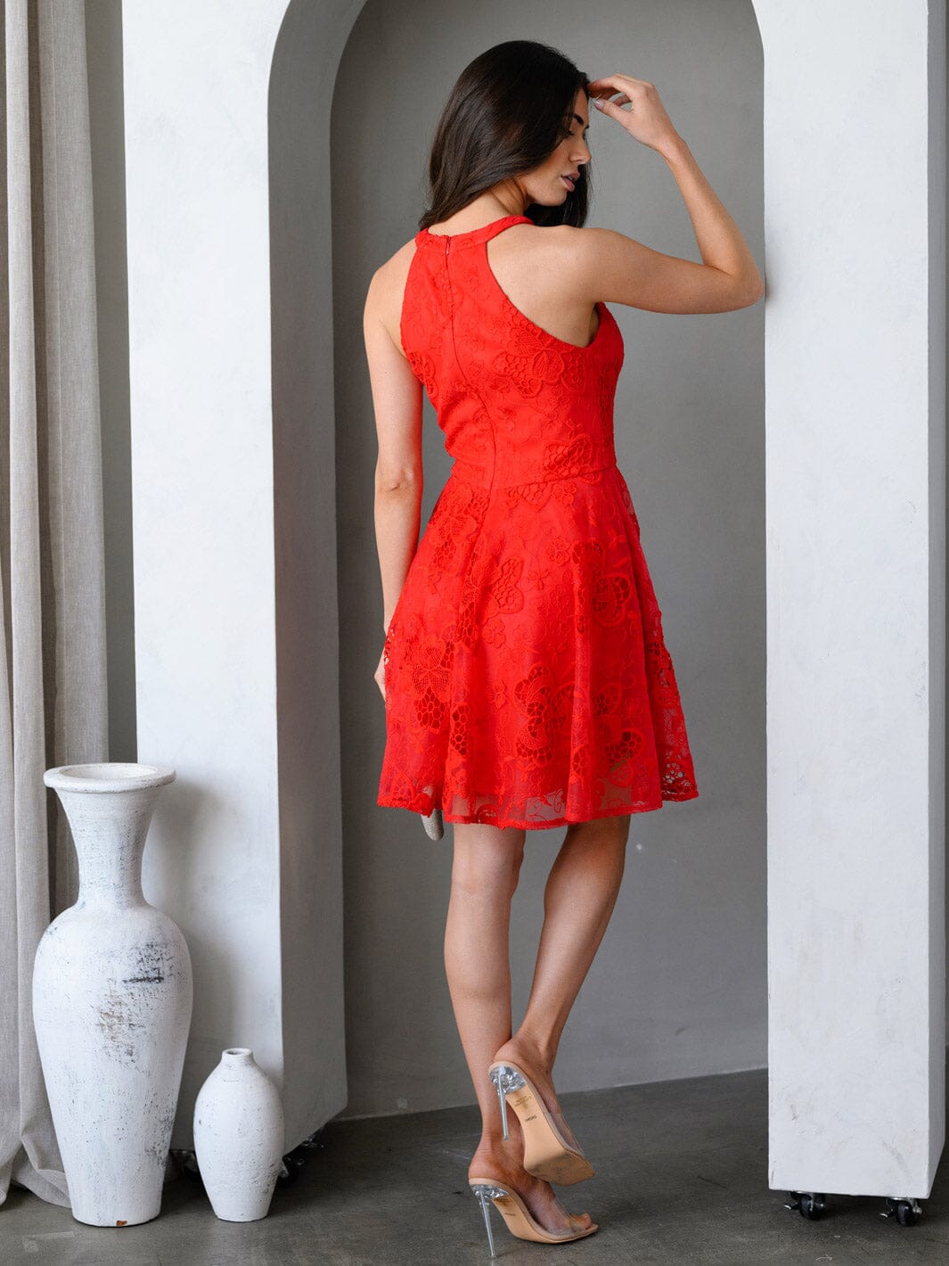 WOMEN'S SLEEVELESS FIT & FLARE LACE MINI DRESS