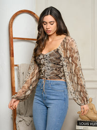 WOMEN'S FRONT SHIRRING DETAIL MESH SNAKE PRINT TOP