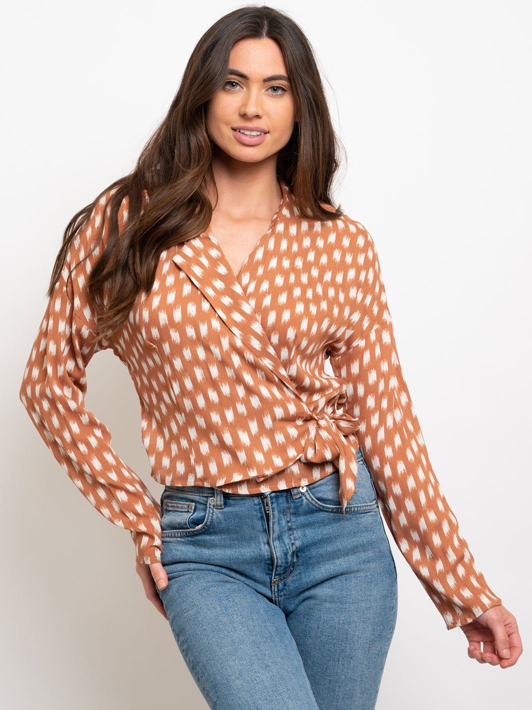 WOMEN'S FRONT WRAP LONG SLEEVE SMOCKING TOP