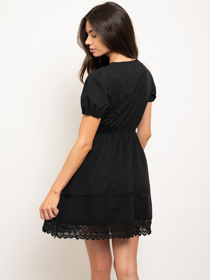 WOMEN'S PUFF SHORT SLEEVE LACE TRIM MINI DRESS