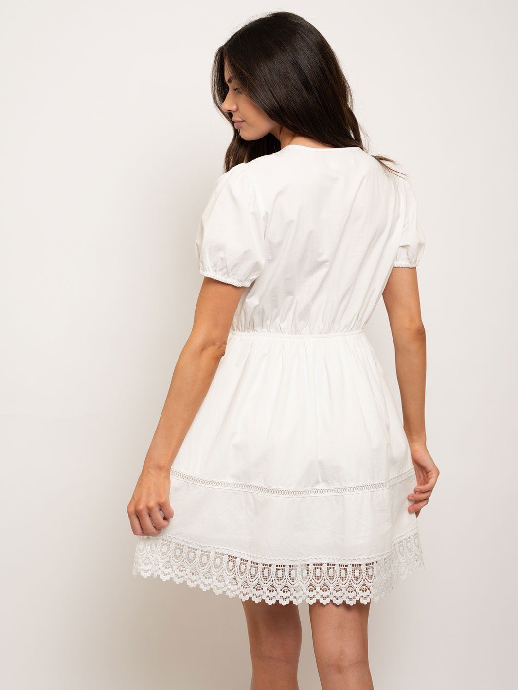 WOMEN'S PUFF SHORT SLEEVE LACE TRIM MINI DRESS