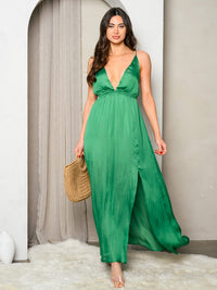 WOMEN'S SLEEVELESS SATIN PLUNGE NECK WITH BACK CRISS CROSS MAXI DRESS