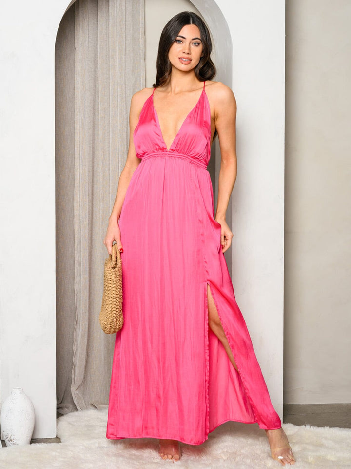 WOMEN'S SLEEVELESS SATIN PLUNGE NECK WITH BACK CRISS CROSS MAXI DRESS