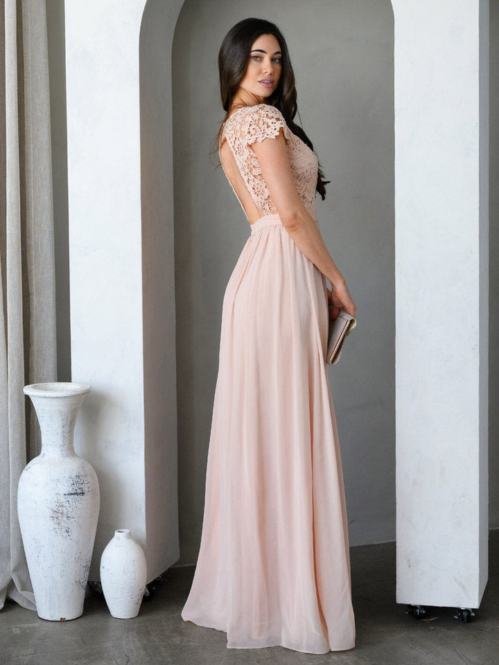 WOMEN'S SHORT SLEEVE V-NECK LACE OPEN BACK GOWN MAXI DRESS