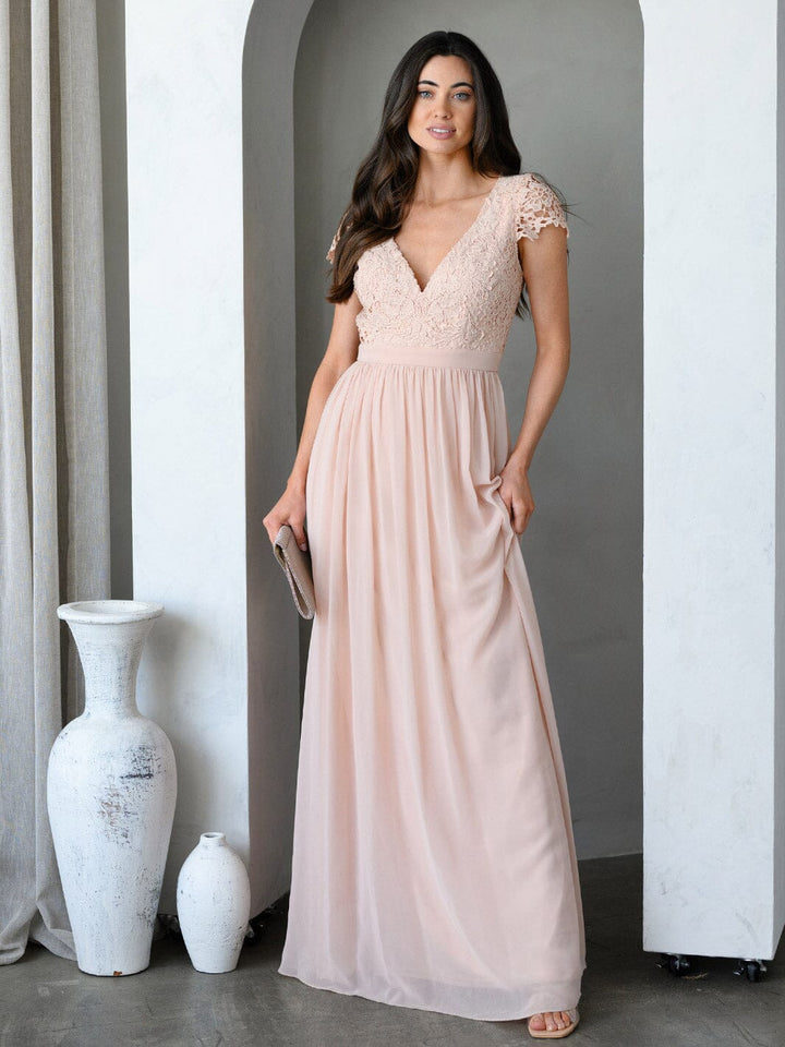 WOMEN'S SHORT SLEEVE V-NECK LACE OPEN BACK GOWN MAXI DRESS