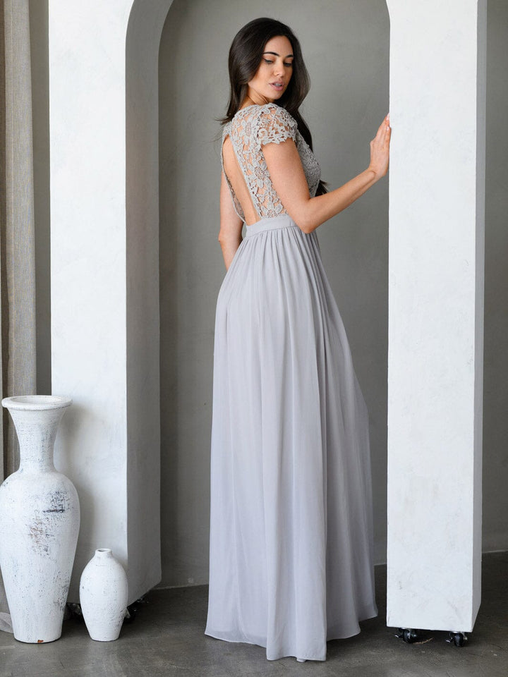 WOMEN'S SHORT SLEEVE V-NECK LACE OPEN BACK GOWN MAXI DRESS