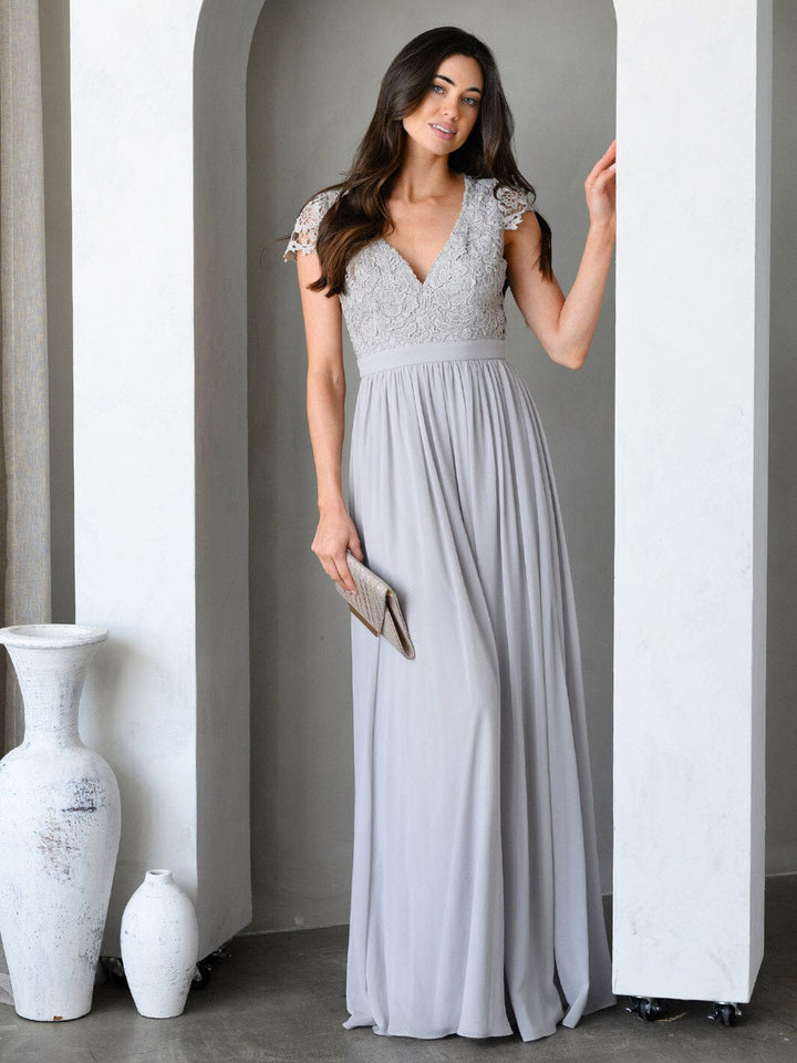 WOMEN'S SHORT SLEEVE V-NECK LACE OPEN BACK GOWN MAXI DRESS