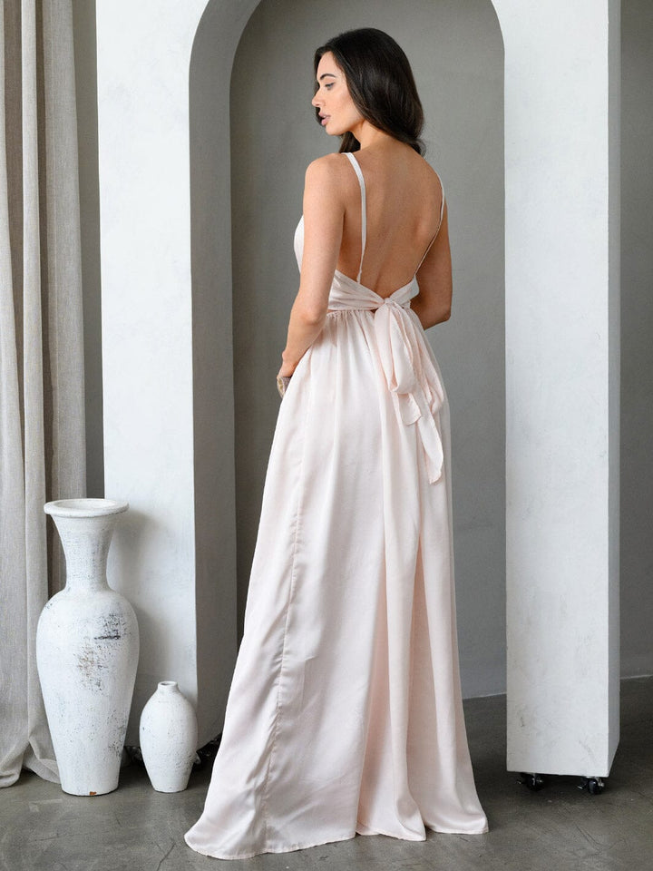 WOMEN'S SLEEVELESS V-NECK BACK TIE FRONT SLIT SILK MAXI DRESS