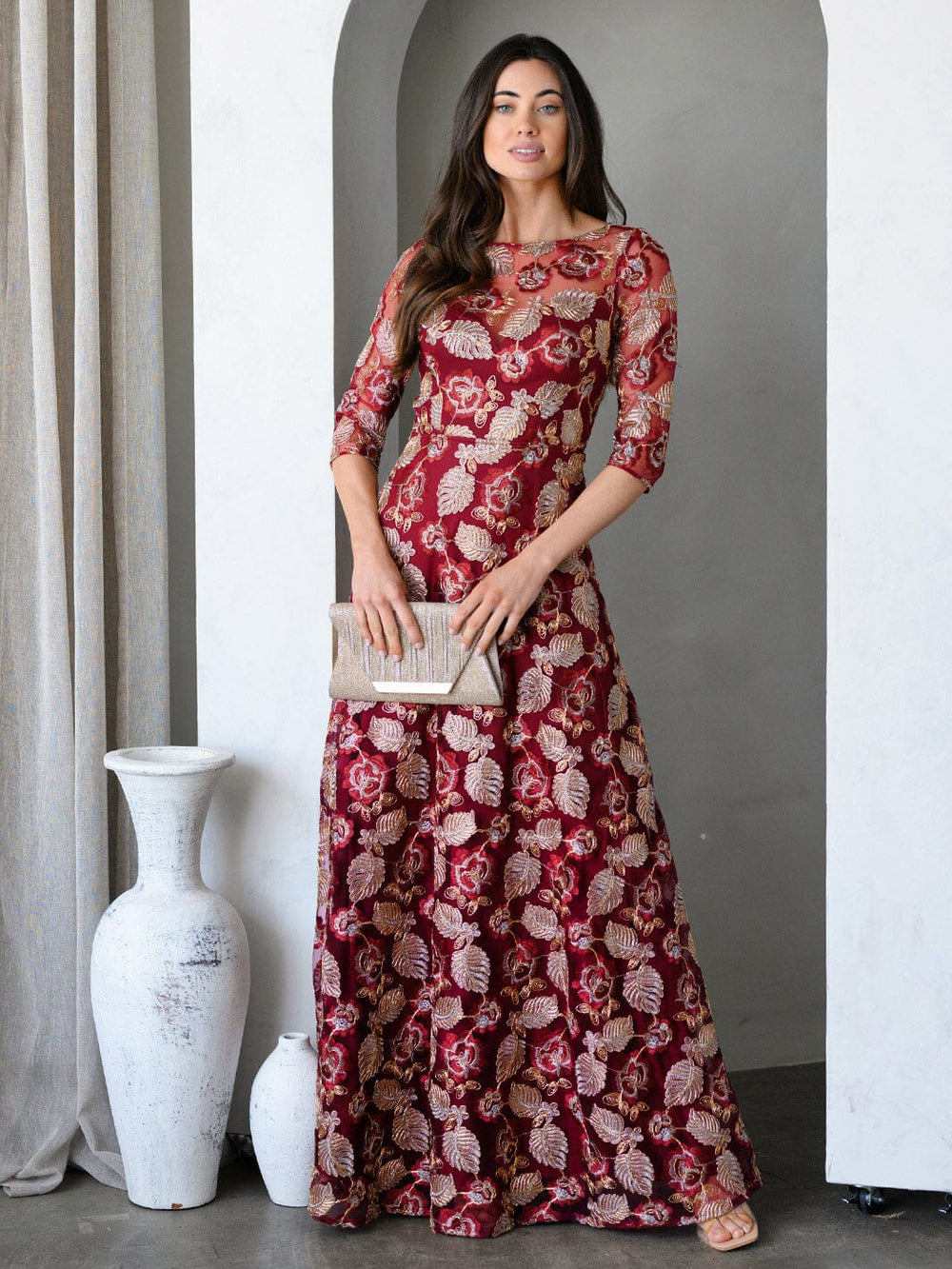 WOMEN'S 3/4 SLEEVES EMBROIDERY MULTI PRINT GOWN MAXI DRESS