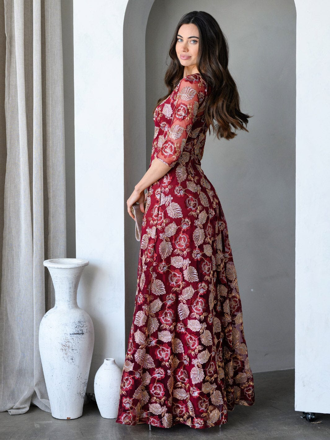 WOMEN'S 3/4 SLEEVES EMBROIDERY MULTI PRINT GOWN MAXI DRESS