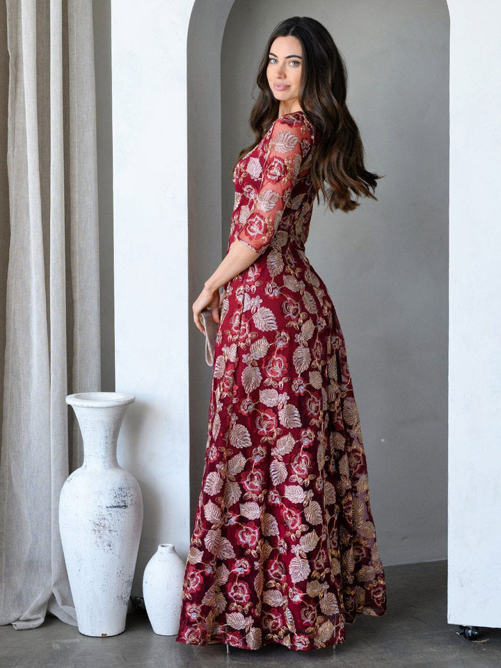 WOMEN'S 3/4 SLEEVES EMBROIDERY MULTI PRINT GOWN MAXI DRESS
