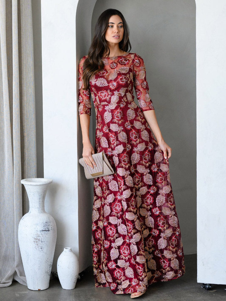 WOMEN'S 3/4 SLEEVES EMBROIDERY MULTI PRINT GOWN MAXI DRESS