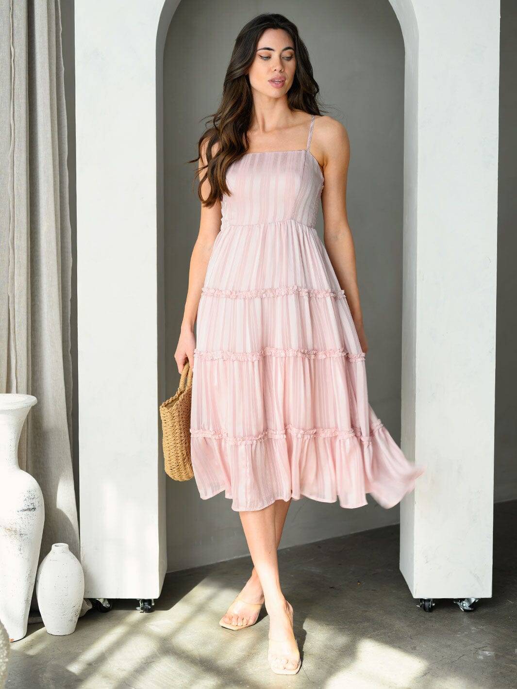WOMEN'S SLEEVELESS SMOCK RUFFLE TIERED MIDI DRESS