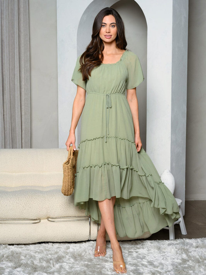 WOMEN'S SHORT SLEEVE TIERED HIGH-LOW MAXI DRESS