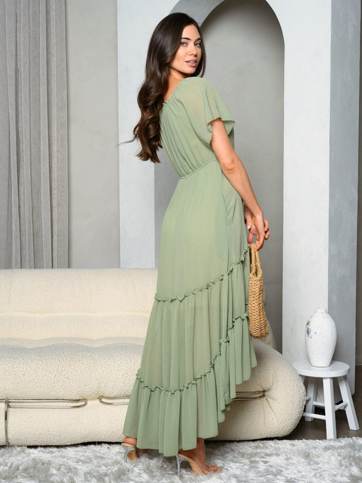 WOMEN'S SHORT SLEEVE TIERED HIGH-LOW MAXI DRESS