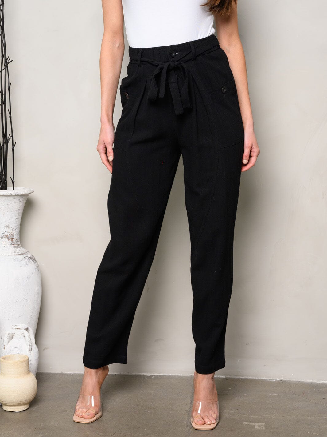 WOMEN'S BUTTON CLOSURE SELF TIE POCKETS PANTS